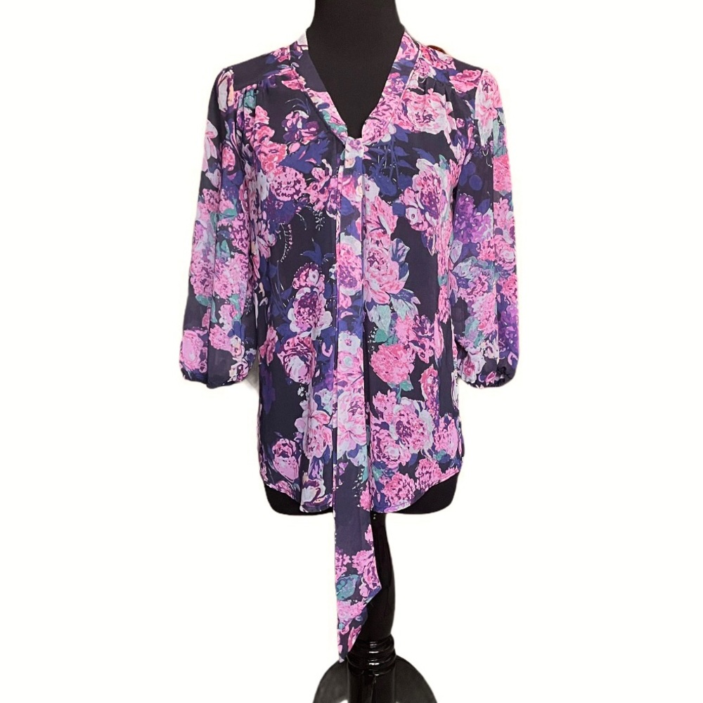 Blue & Pink Floral Blouse with Necktie